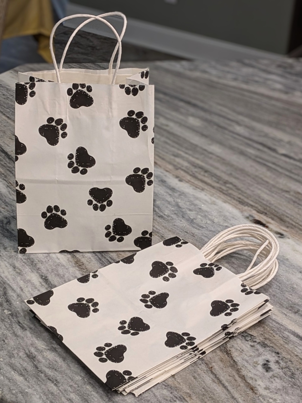 White Gift Bags with Black Paw Print - Set of Paper Bags
